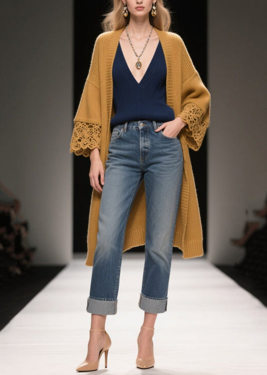 Simple Brown Oversized Patchwork Lace Cardigan Fall
