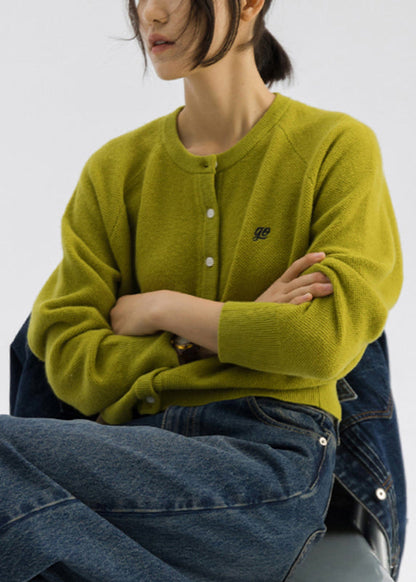 Green O-neck Cozy Woolen Knit Cardigan Long Sleeve