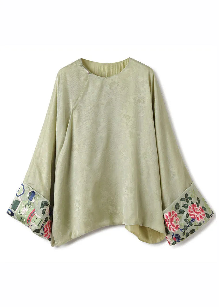 Green O-neck Asymmetrical Embroideried Silk Shirts Fall