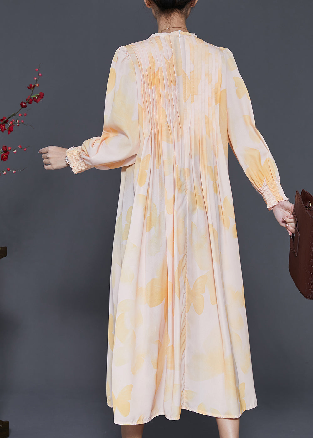French Apricot Wrinkled Chiffon Dresses Spring