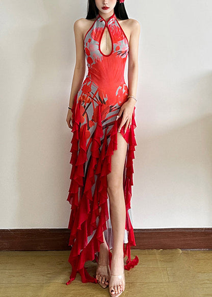 Red Backless Ruffled Side Open Tulle Long Dresses Summer