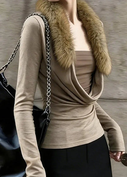 Slim Fit Coffee Fur Collar Patchwork Fake Two-piece Top Spring
