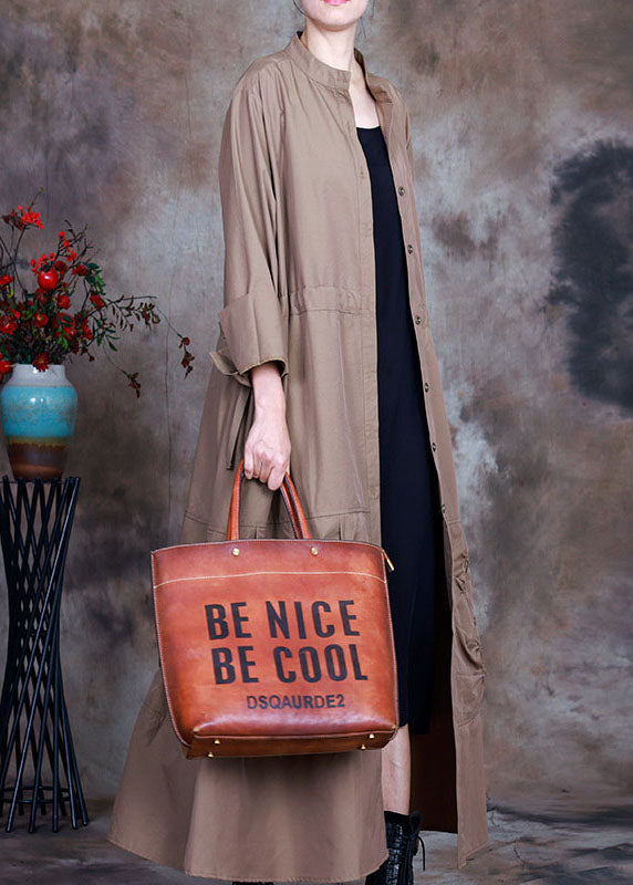 Khaki Button Tie Waist Spring Trench Coats