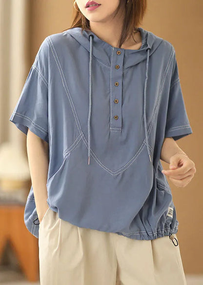 Simple Light Blue Drawstring Hooded Cotton Sweatshirt Short Sleeve