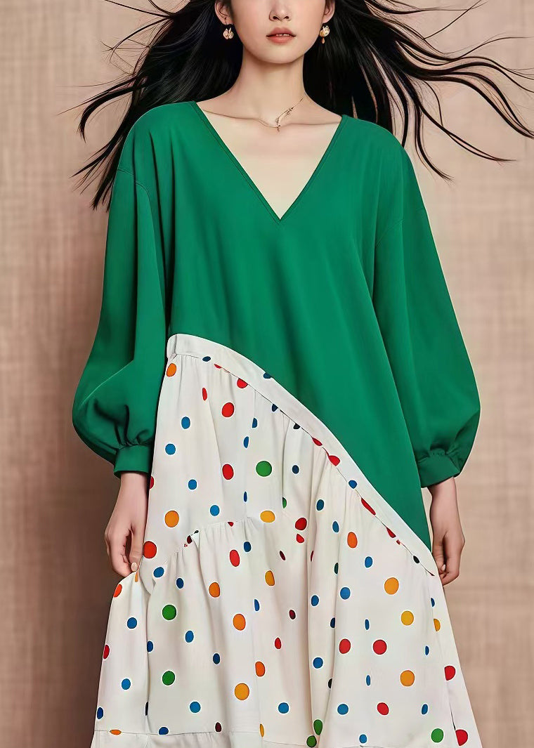 Green Oversized Patchwork Print Cotton Dresses Fall