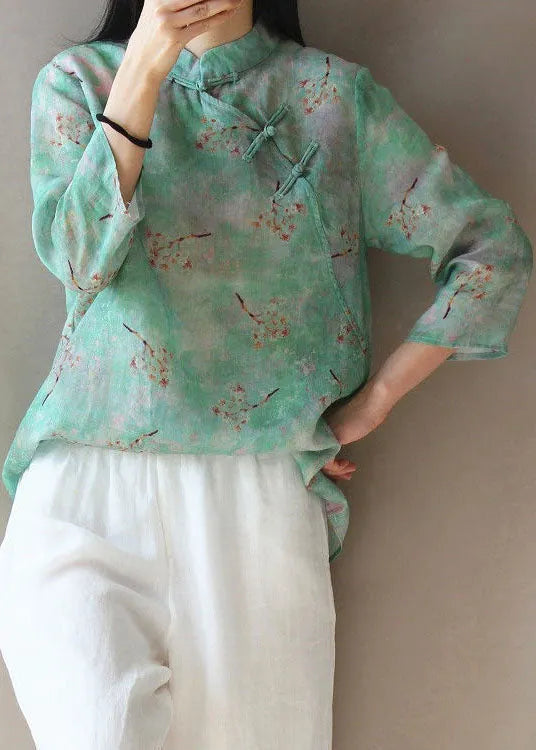 Light Green Button Stand Collar Print Tops Spring