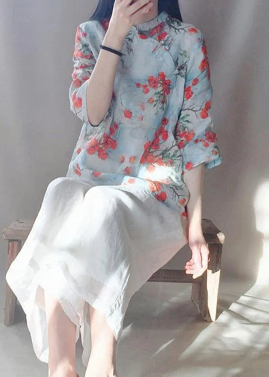 Stand Collar Chinese Button Tops Print Shirts