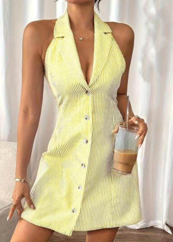 French Blue Notched Striped Button Mid Dresses Sleeveless Summer