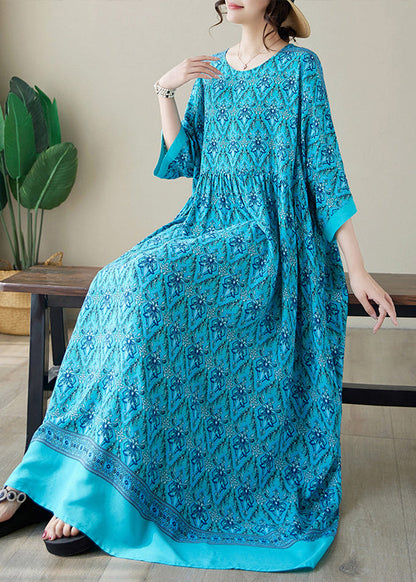 Blue Print Cotton Long Dress O Neck Summer