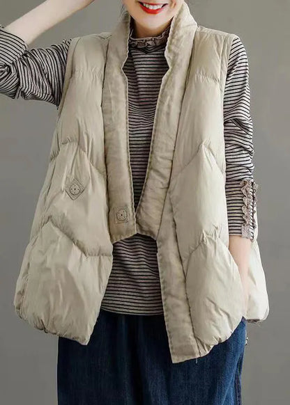 Khaki V Neck Pockets Drawstring Duck Down Waistcoat Sleeveless