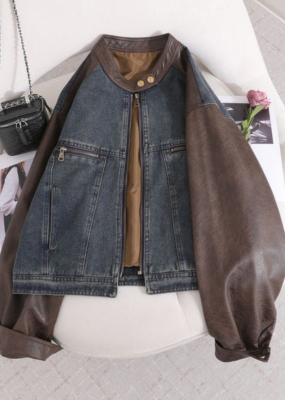 O Neck Pockets Faux Leather Patchwork Denim Coat Fall