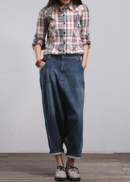 Blue Pockets Patchwork Denim Harem Pants Spring