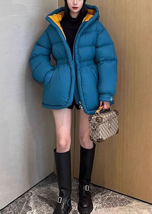 Simple Peacock Blue Cinched Duck Down Down Coats Winter