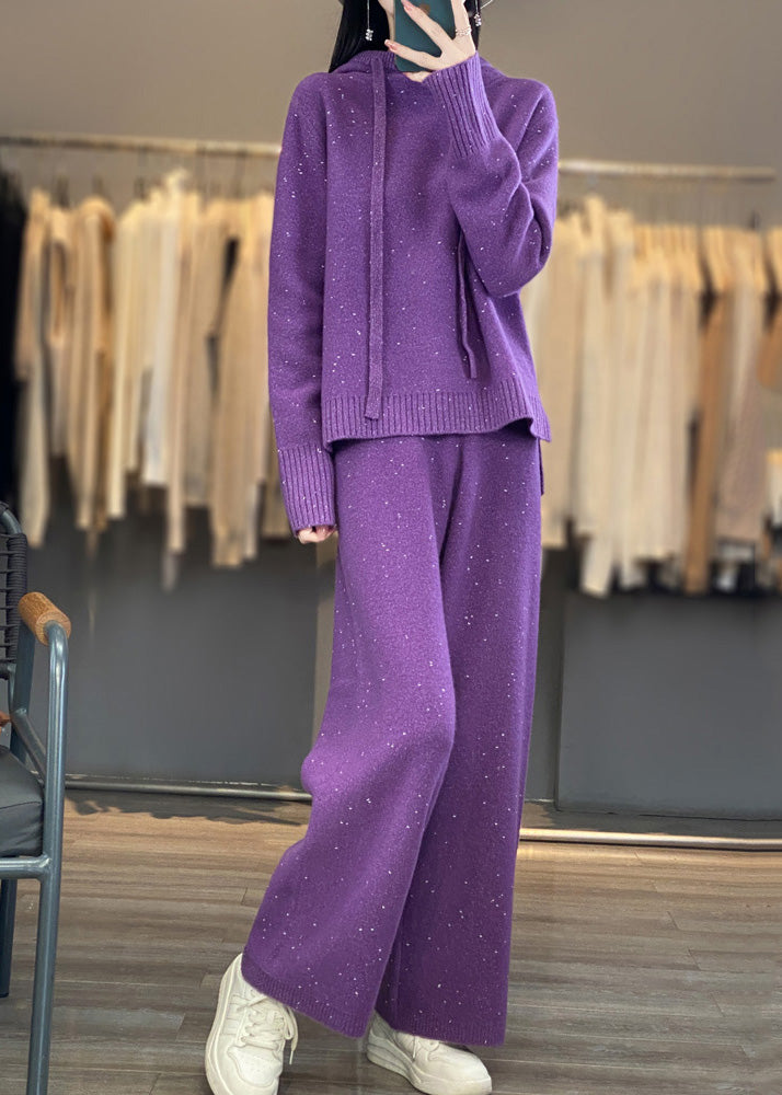 Stylish Purple Drawstring Hooded Cotton Knit Sweaters and Wide Leg Pants Two Piece Set Winter