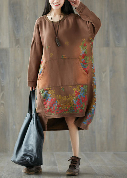 Chocolate Print Sweatshirt Dresses Pockets Spring