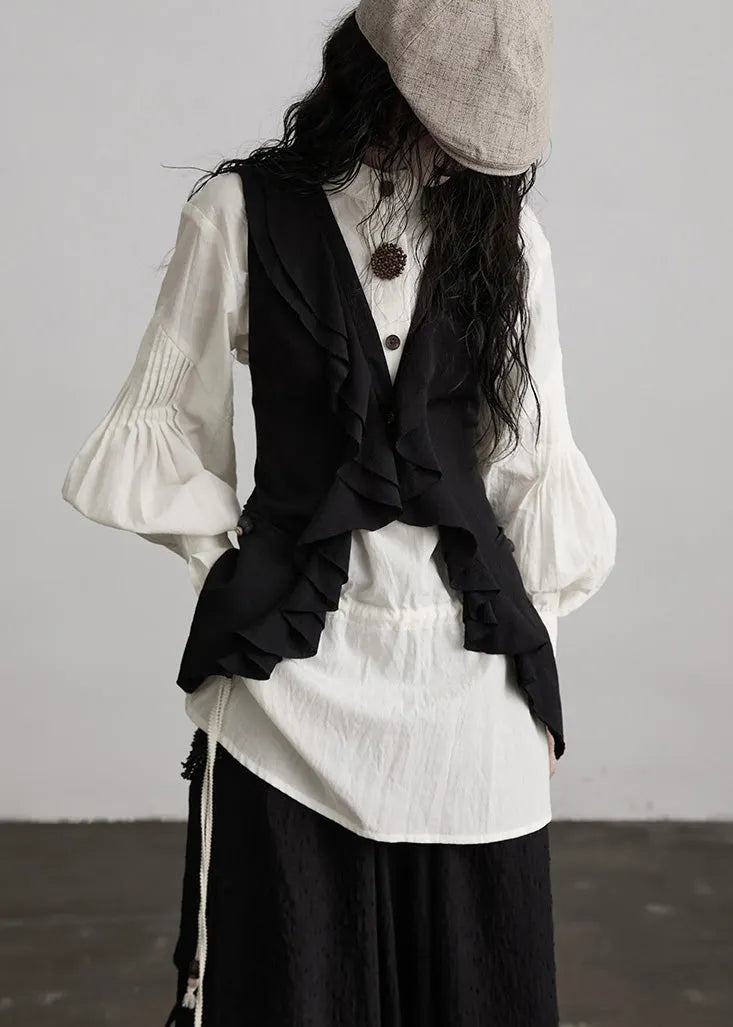 French White O-neck Puff Sleeve Patchwork Cotton Tops Fall