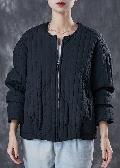 Unique Black O-neck Zip Up Fine Cotton Filled Coat Spring