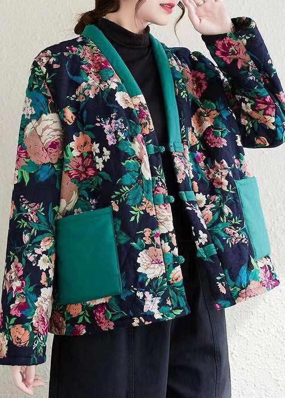 Navy V Neck Pockets Print Fine Cotton Filled Jackets Winter