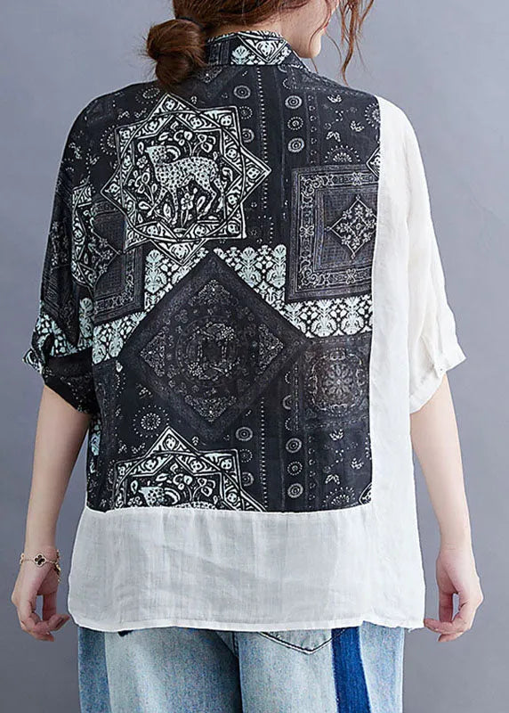 Black Peter Pan Collar Button Patchwork Print Fall Shirt Half Sleeve