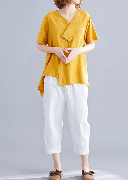 Yellow Patchwork Cotton T Shirts Asymmetrical V Neck Short Sleeve