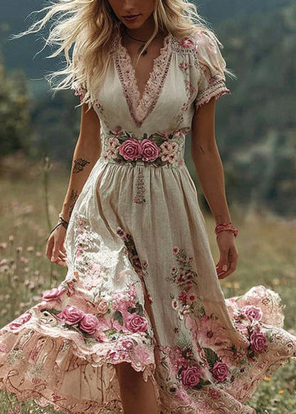 Beige High Waist Patchwork Cotton Long Dress V Neck Summer