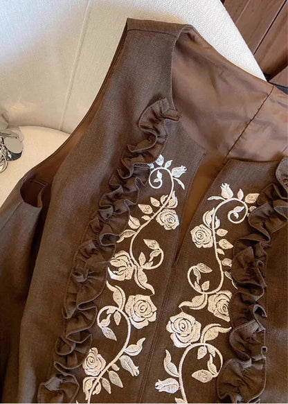 Chocolate Embroideried Ruffled Linen Vests Summer