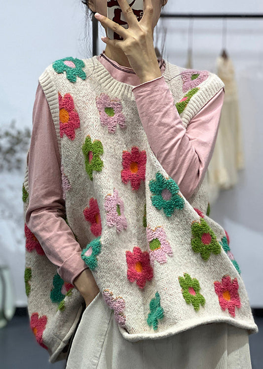 New Apricot O Neck Jacquard Cotton Knit Vest Sleeveless