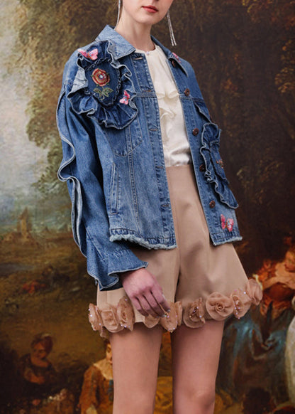 French Blue Embroideried Ruffled Patchwork Denim Coats Spring