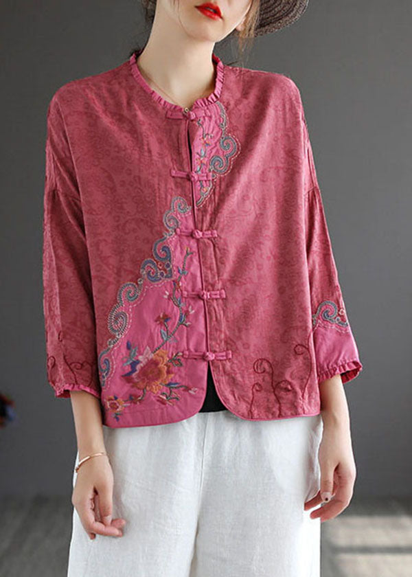 Rose Embroideried Chinese Button Patchwork Cotton Top Spring