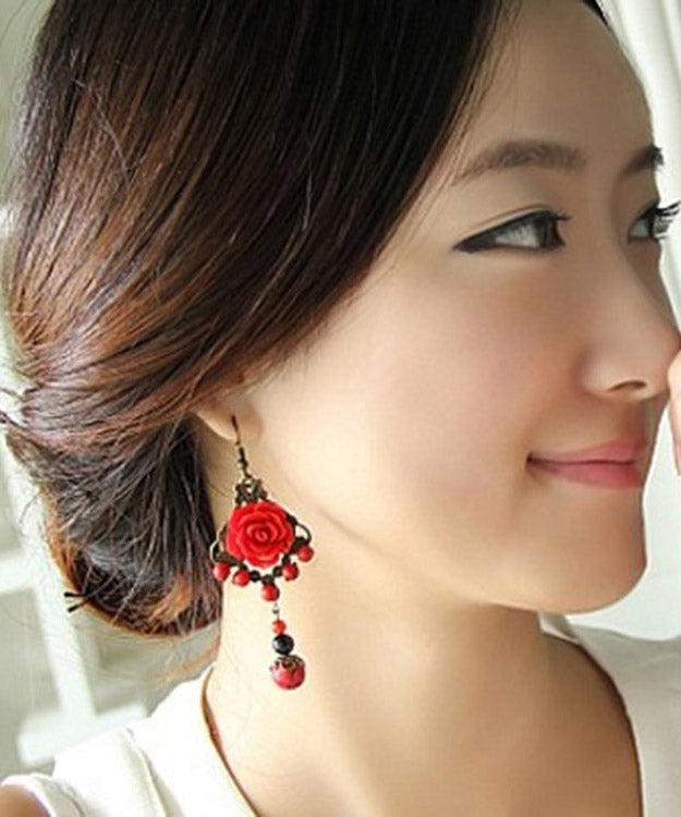 Red Sterling Silver Alloy Agate Turquoise Tassel Drop Earrings