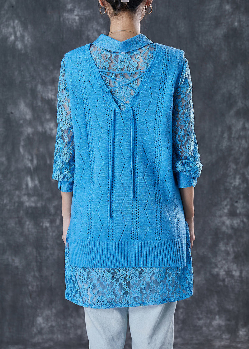 Blue Hollow Out Knit Vest and Lace Shirt Two Piece Set Spring