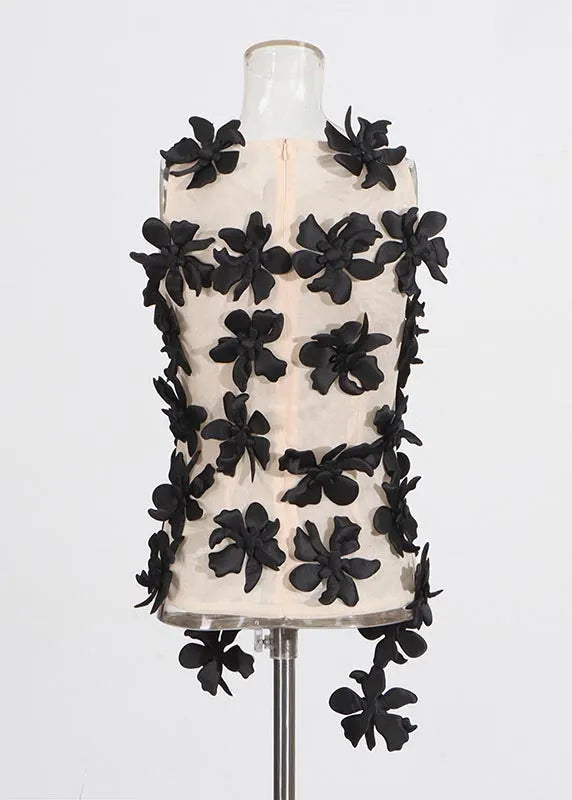 Black Decorated Tulle Tops Sleeveless