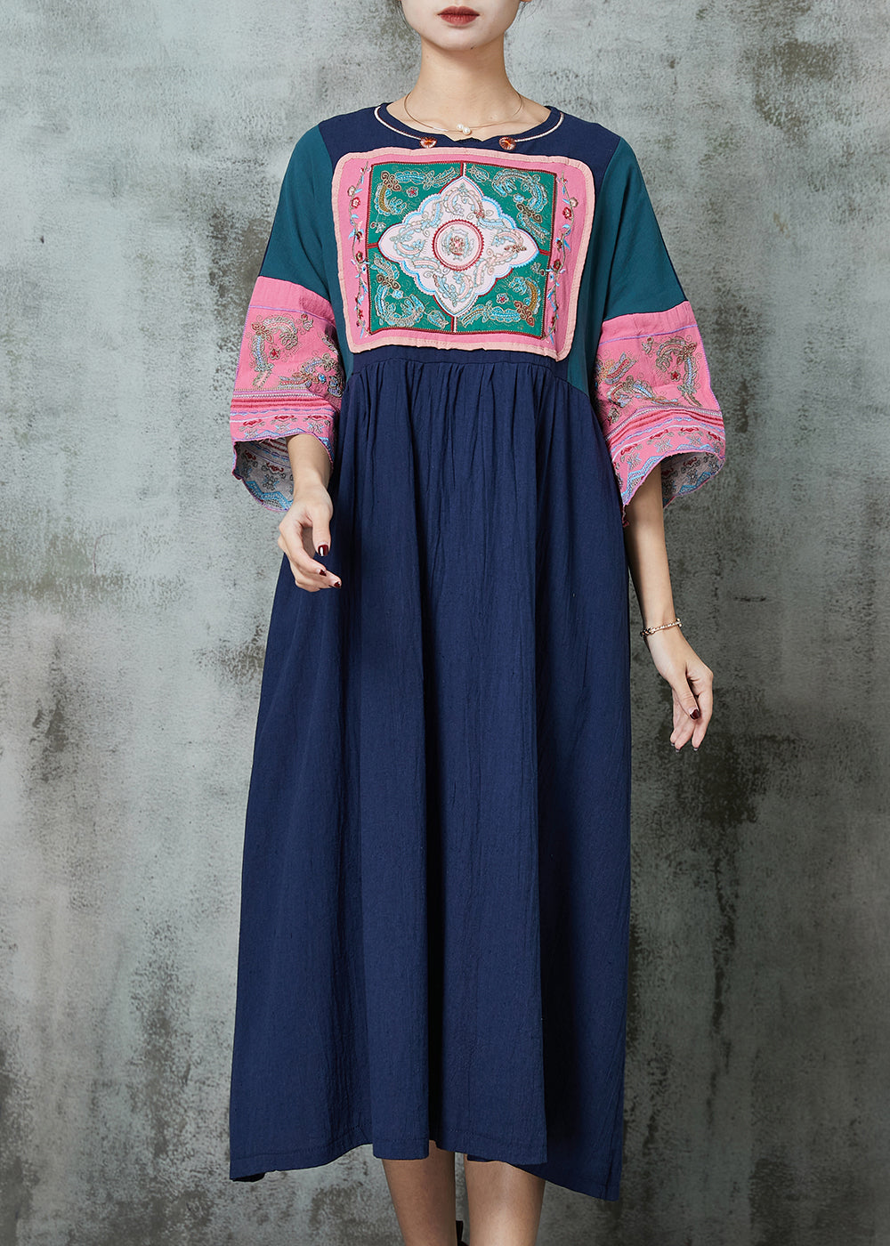 Style Navy Embroidered Patchwork Linen Dresses Summer