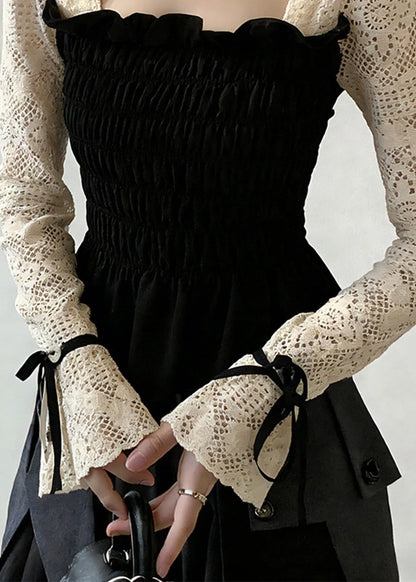 Black Square Collar Patchwork Cotton Shirt Tops Flare Sleeve