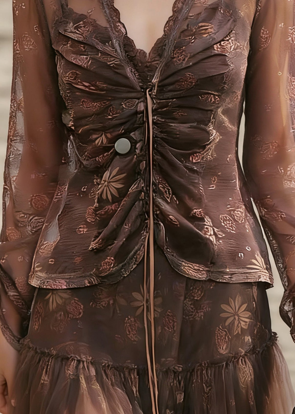 Coffee V Neck Cinched Tulle Shirt Spring