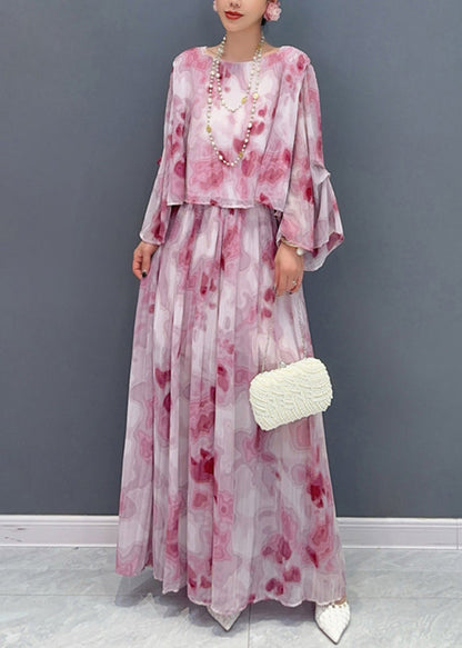 Red O-neck Chiffon Shirts and Maxi Skirts Two Pieces Set Fall