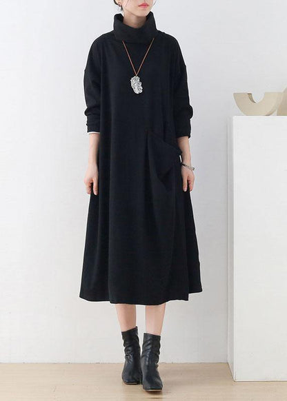 Handmade Black Loose Turtleneck Fall Cotton Dress Long Sleeve