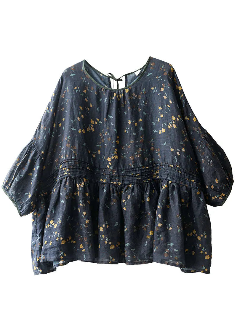 Style Navy O-neck Wrinkled Print Cotton Blend Loose Shirt Tops Batwing Sleeve