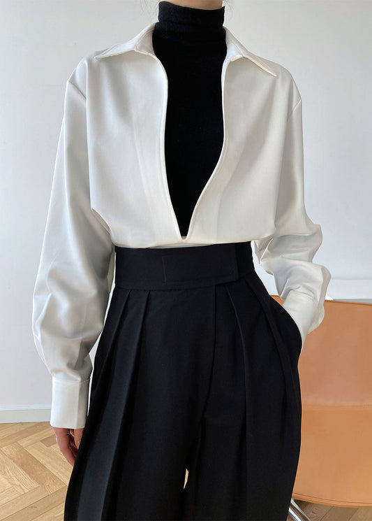 Simple White V Neck Cotton Shirts Top Long Sleeve Spring