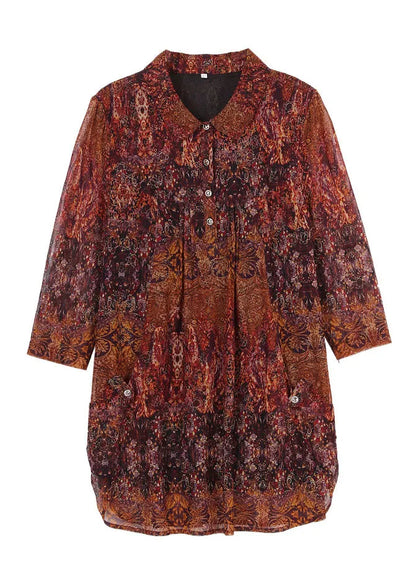 Brown Peter Pan Collar Print Button Silk Shirt Top Bracelet Sleeve