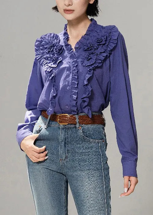 Purple Ruffled Cotton Fall Blouse Tops V Neck