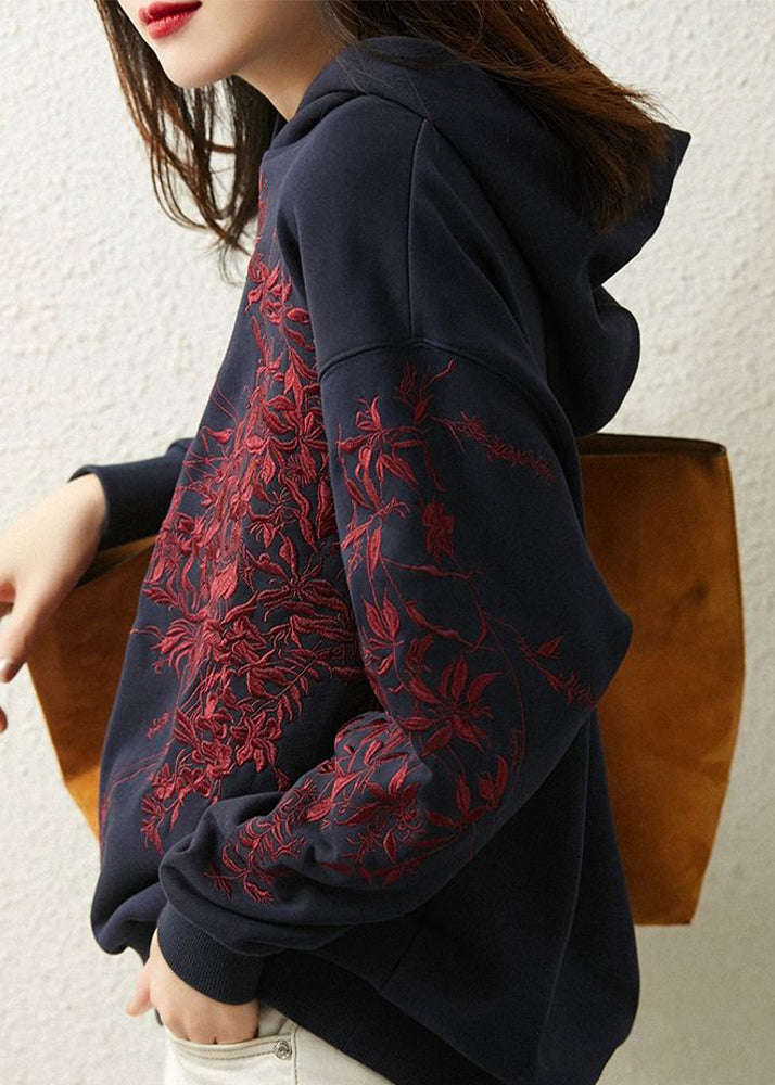 Navy Blue Embroideried Hooded Coats Long Sleeve