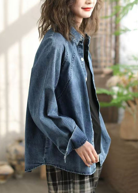 Blue Peter Pan Collar Denim Shirts Spring