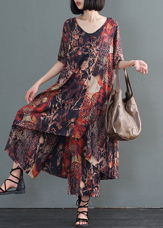 Coffee Print Low High Design Silk Holiday Dress and Pant Two Pieces Set Fall
