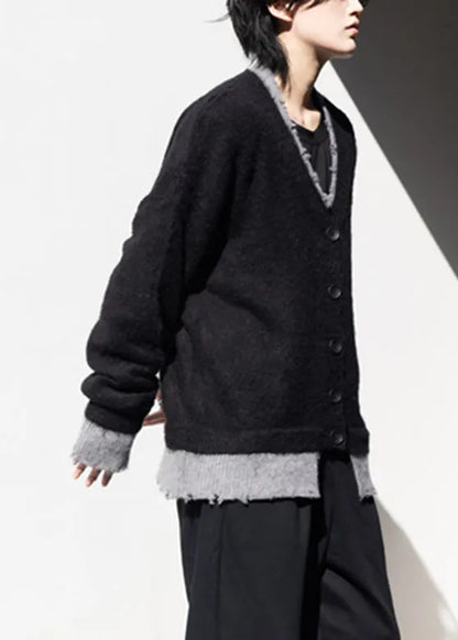 Classy Black V Neck Patchwork False Two-piece Cotton Knit Sweaters Fall