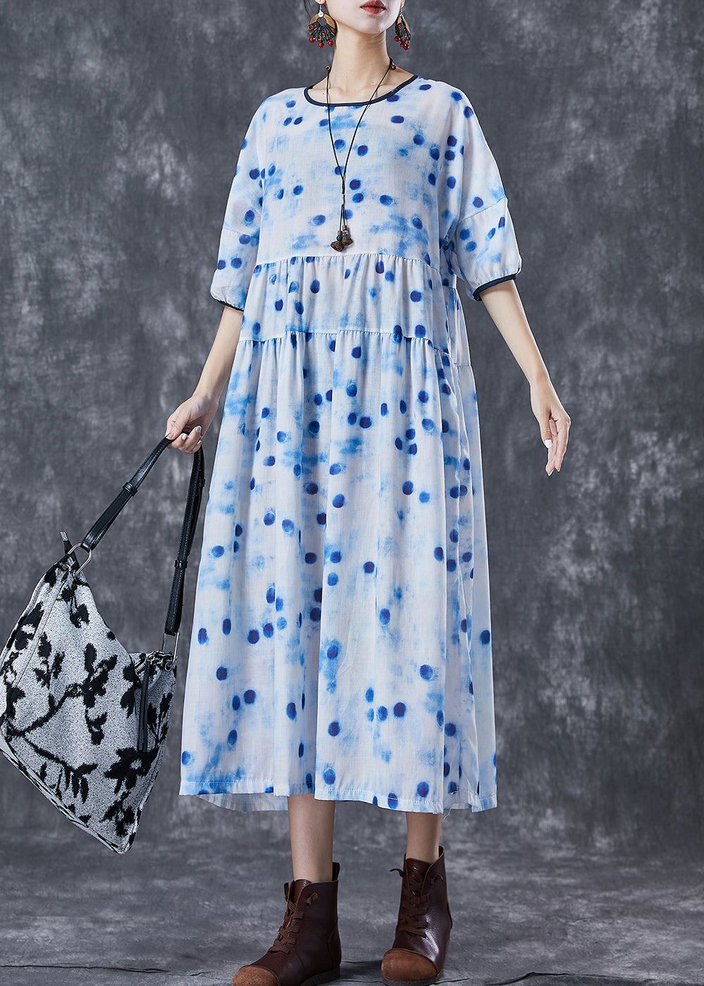 Blue Dot Oversized Patchwork Linen Maxi Dresses Summer