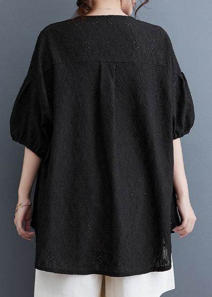 Black Low High Design Button Lace Top Short Sleeve