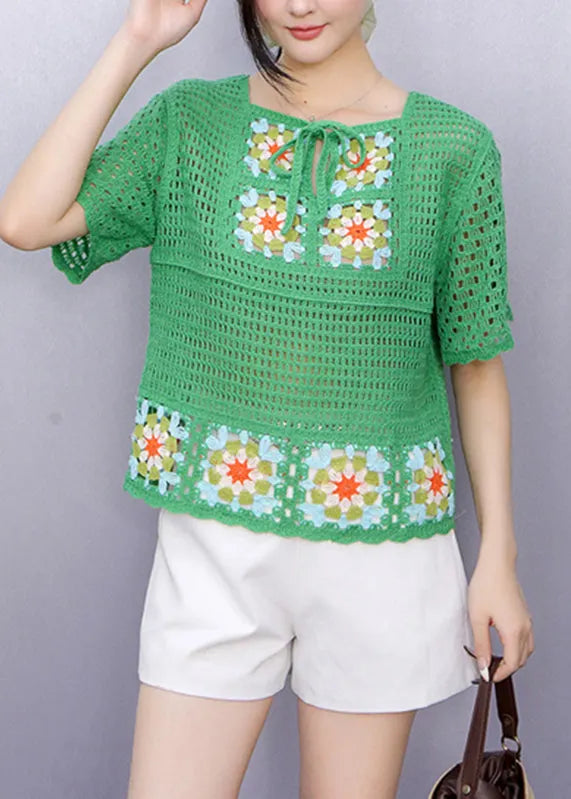 Green Square Collar Tie Lace Knit Top Summer