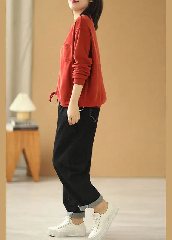 Red V Neck Pockets Drawstring Fall Loose Sweatshirts Top