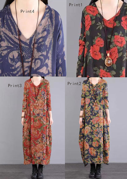 V Neck Print Patchwork Cotton Long Dresses Fall